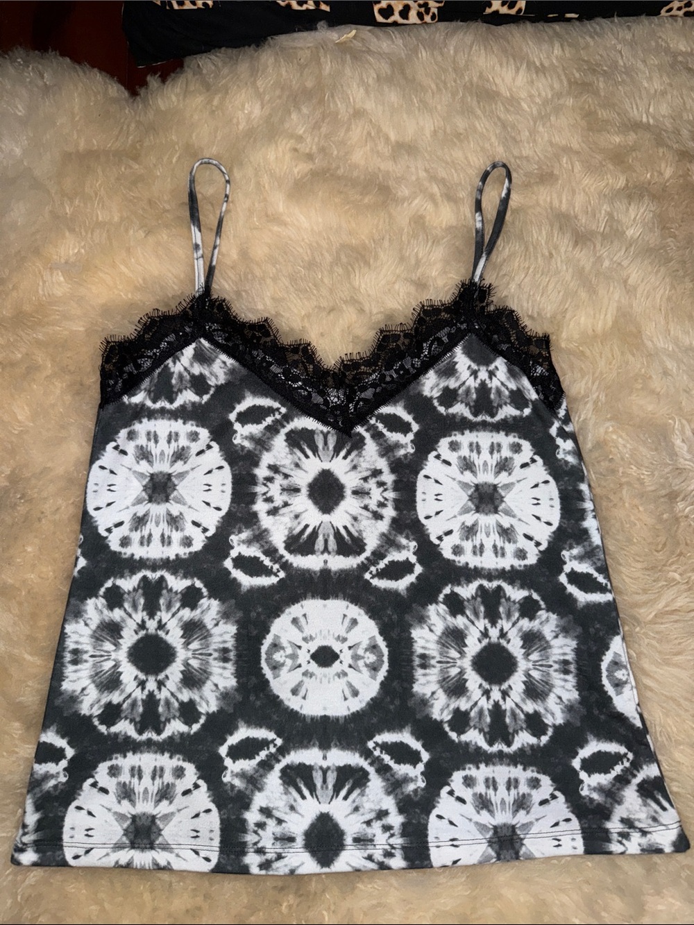 Milan Kiss Lace-Trim Black & White Tie-Dye Camisole Small